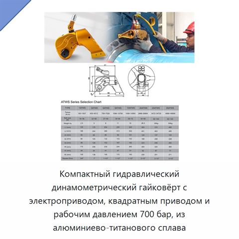 Компактный гидравлический динамометрический гайковёрт с электроприводом, квадратным приводом и рабочим давлением 700 бар, из алюминиево-титанового сплава