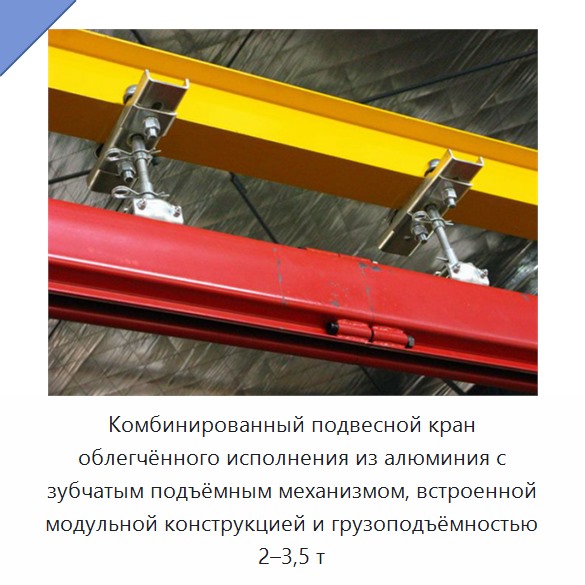 Комбинированный подвесной кран облегчённого исполнения из алюминия с зубчатым подъёмным механизмом, встроенной модульной конструкцией и грузоподъёмностью 2–3,5 т