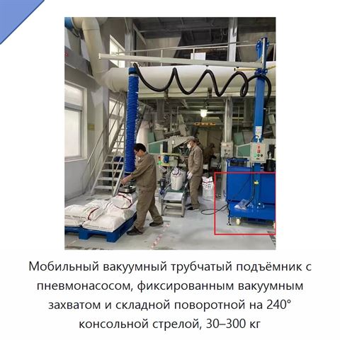 Мобильный вакуумный трубчатый подъёмник с пневмонасосом, фиксированным вакуумным захватом и складной поворотной на 240° консольной стрелой, 30–300 кг
