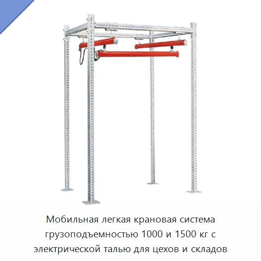 Мобильная легкая крановая система грузоподъемностью 1000 и 1500 кг с электрической талью для цехов и складов — Прочие краны