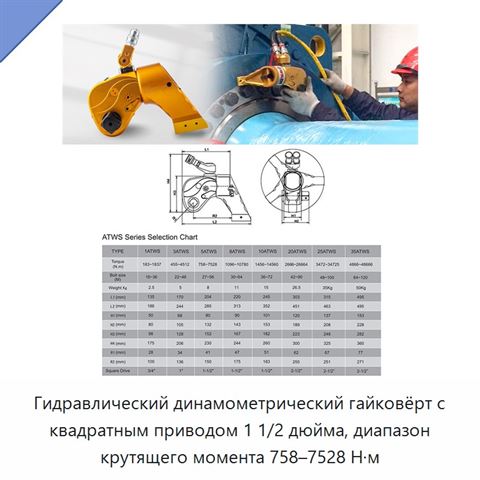 Гидравлический динамометрический гайковёрт с квадратным приводом 1 1/2 дюйма, диапазон крутящего момента 758–7528 Н·м