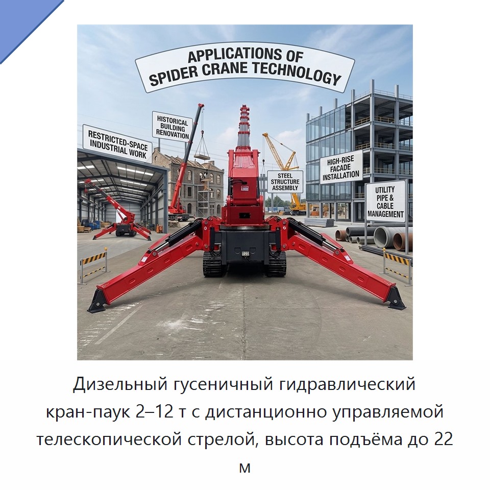 Дизельный гусеничный гидравлический кран-паук 2–12 т с дистанционно управляемой телескопической стрелой, высота подъёма до 22 м — Краны