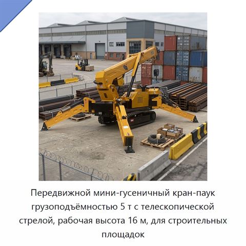 Передвижной мини-гусеничный кран-паук грузоподъёмностью 5 т с телескопической стрелой, рабочая высота 16 м, для строительных площадок