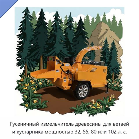 Гусеничный измельчитель древесины для ветвей и кустарника мощностью 32, 55, 80 или 102 л. с.