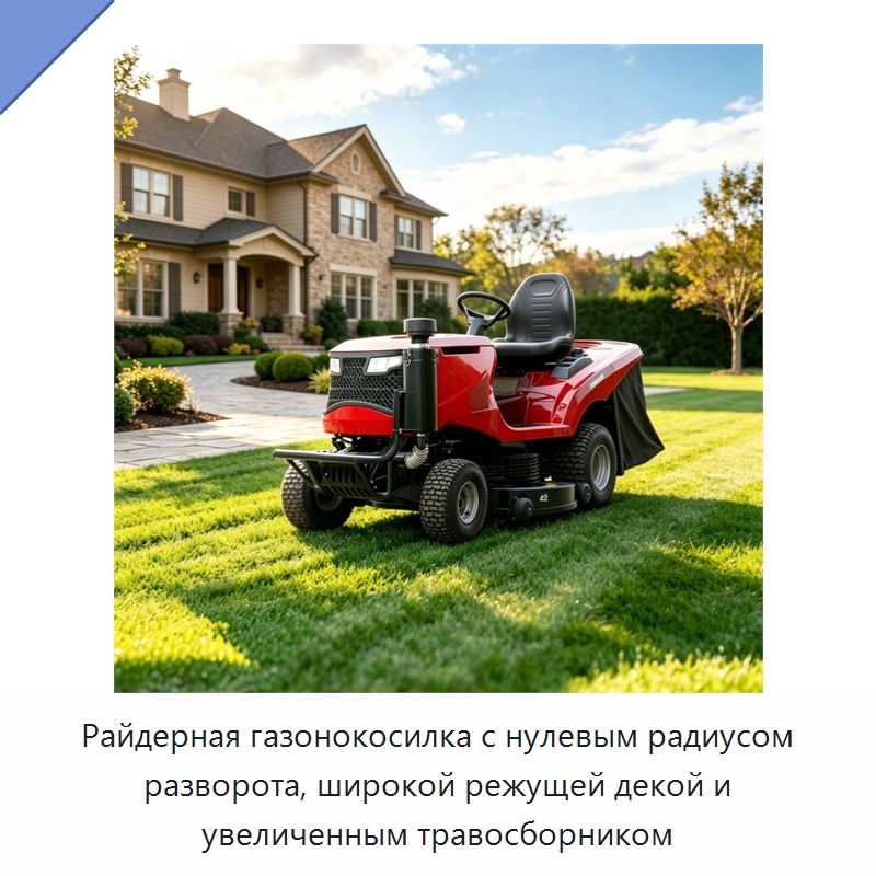 Райдерная газонокосилка с нулевым радиусом разворота, широкой режущей декой и увеличенным травосборником — Специальные садовые инструменты