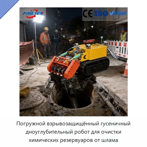 Погружной взрывозащищённый гусеничный дноуглубительный робот для очистки химических резервуаров от шлама