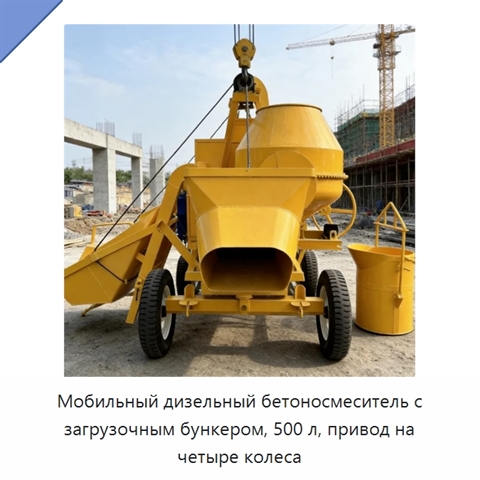 Мобильный дизельный бетоносмеситель с загрузочным бункером, 500 л, привод на четыре колеса