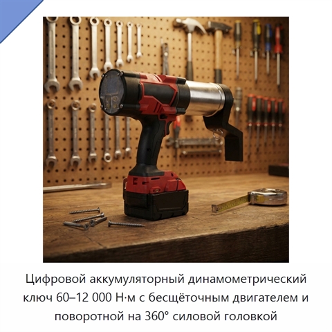 Цифровой аккумуляторный динамометрический ключ 60–12 000 Н·м с бесщёточным двигателем и поворотной на 360° силовой головкой