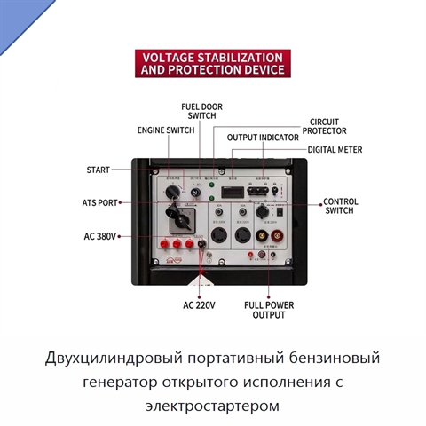 Двухцилиндровый портативный бензиновый генератор открытого исполнения с электростартером
