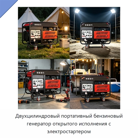 Двухцилиндровый портативный бензиновый генератор открытого исполнения с электростартером
