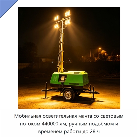 Мобильная осветительная мачта со световым потоком 440000 лм, ручным подъёмом и временем работы до 28 ч