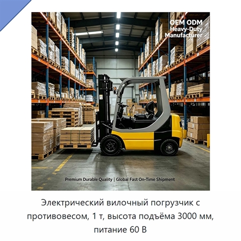 Электрический вилочный погрузчик с противовесом, 1 т, высота подъёма 3000 мм, питание 60 В
