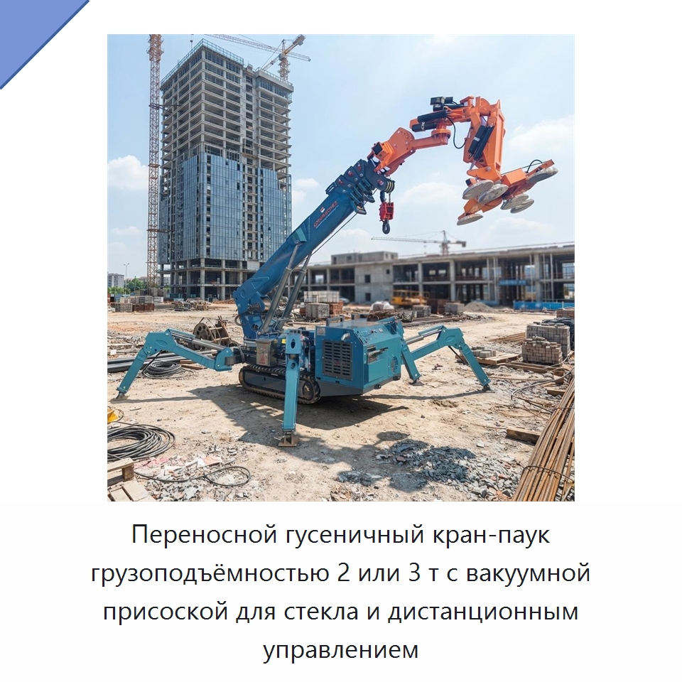 Переносной гусеничный кран-паук грузоподъёмностью 2 или 3 т с вакуумной присоской для стекла и дистанционным управлением — Краны