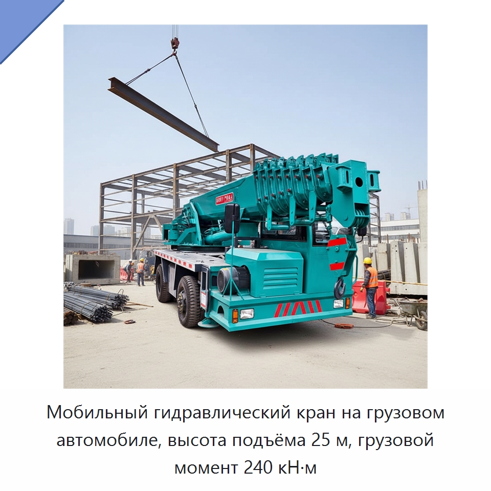 Мобильный гидравлический кран на грузовом автомобиле, высота подъёма 25 м, грузовой момент 240 кН·м — Краны