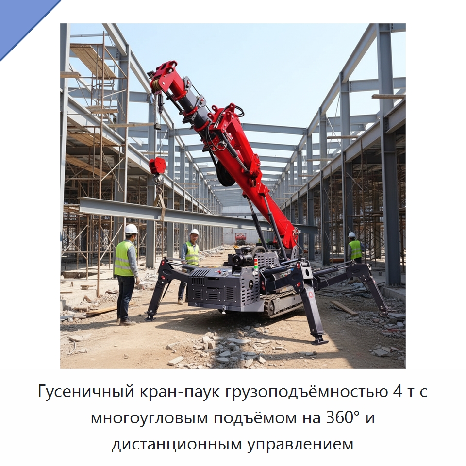 Гусеничный кран-паук грузоподъёмностью 4 т с многоугловым подъёмом на 360° и дистанционным управлением — Краны