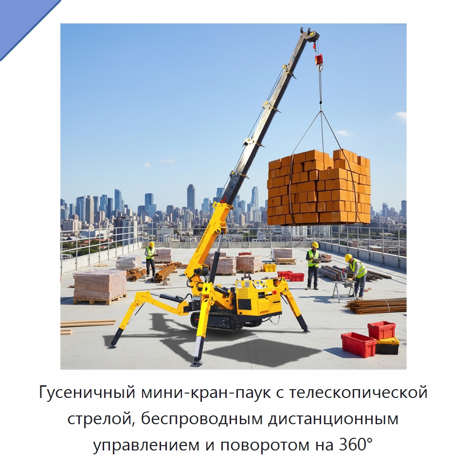 Гусеничный мини-кран-паук с телескопической стрелой, беспроводным дистанционным управлением и поворотом на 360° — Краны