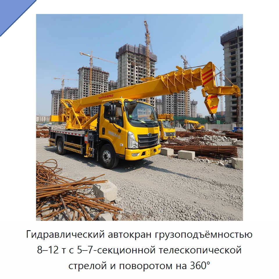 Гидравлический автокран грузоподъёмностью 8–12 т с 5–7-секционной телескопической стрелой и поворотом на 360° — Краны