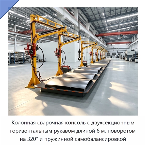 Колонная сварочная консоль с двухсекционным горизонтальным рукавом длиной 6 м, поворотом на 320° и пружинной самобалансировкой