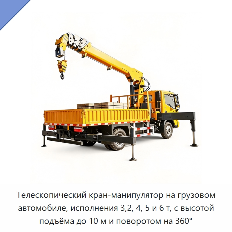 Телескопический кран-манипулятор на грузовом автомобиле, исполнения 3,2, 4, 5 и 6 т, с высотой подъёма до 10 м и поворотом на 360° — Краны