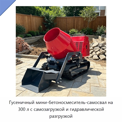 Гусеничный мини-бетоносмеситель-самосвал на 300 л с самозагрузкой и гидравлической разгрузкой