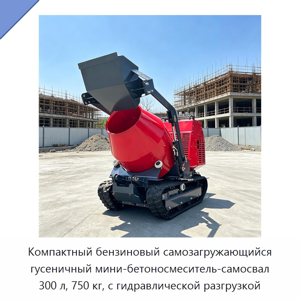 Компактный бензиновый самозагружающийся гусеничный мини-бетоносмеситель-самосвал 300 л, 750 кг, с гидравлической разгрузкой — Оборудование для работы с бетоном