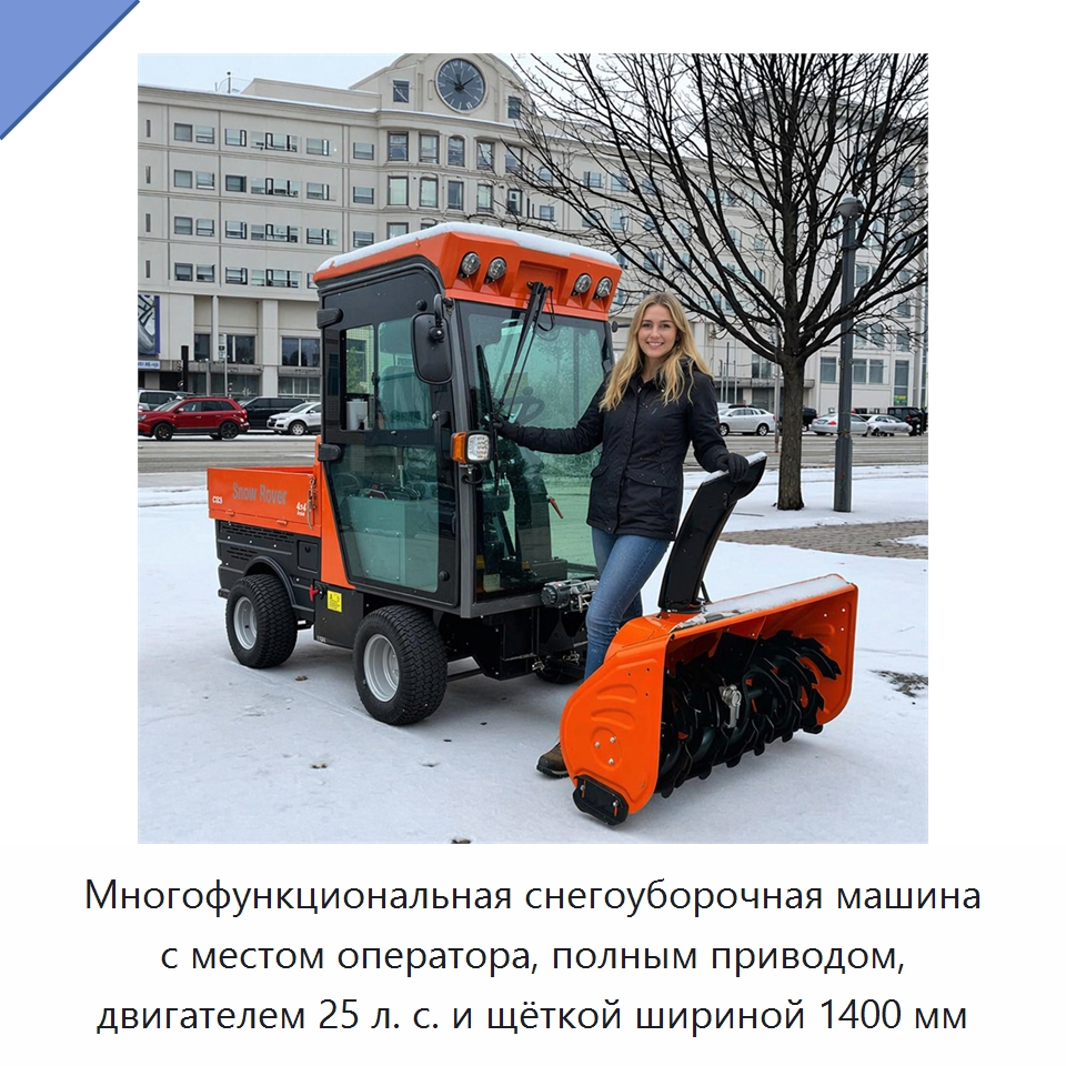 Многофункциональная снегоуборочная машина с местом оператора, полным приводом, двигателем 25 л. с. и щёткой шириной 1400 мм — Коммунальная техника