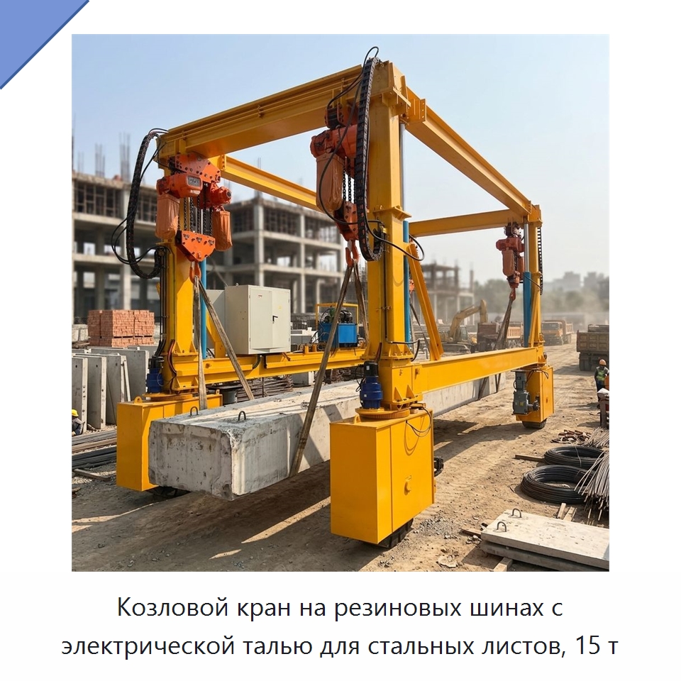 Козловой кран на резиновых шинах с электрической талью для стальных листов, 15 т — Краны