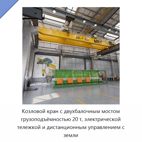 Козловой кран с двухбалочным мостом грузоподъёмностью 20 т, электрической тележкой и дистанционным управлением с земли