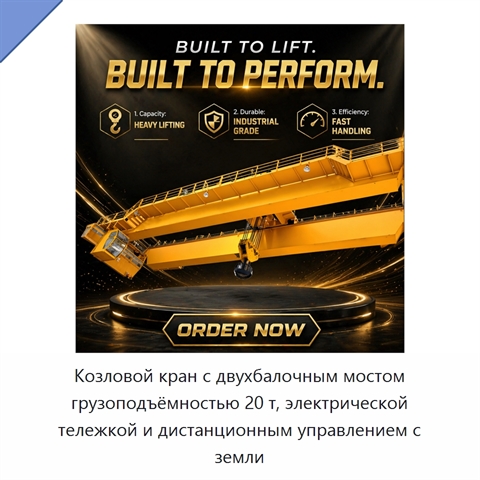 Козловой кран с двухбалочным мостом грузоподъёмностью 20 т, электрической тележкой и дистанционным управлением с земли