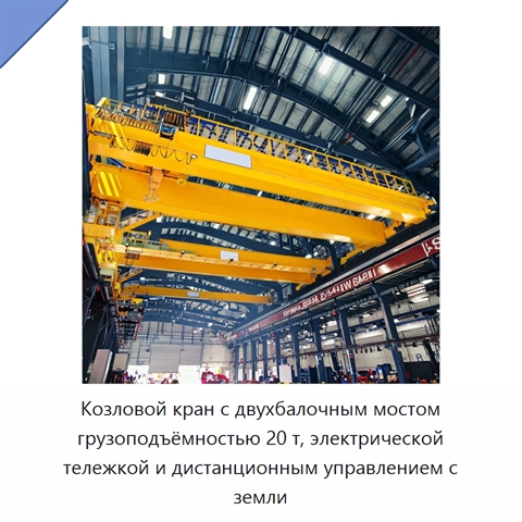 Козловой кран с двухбалочным мостом грузоподъёмностью 20 т, электрической тележкой и дистанционным управлением с земли