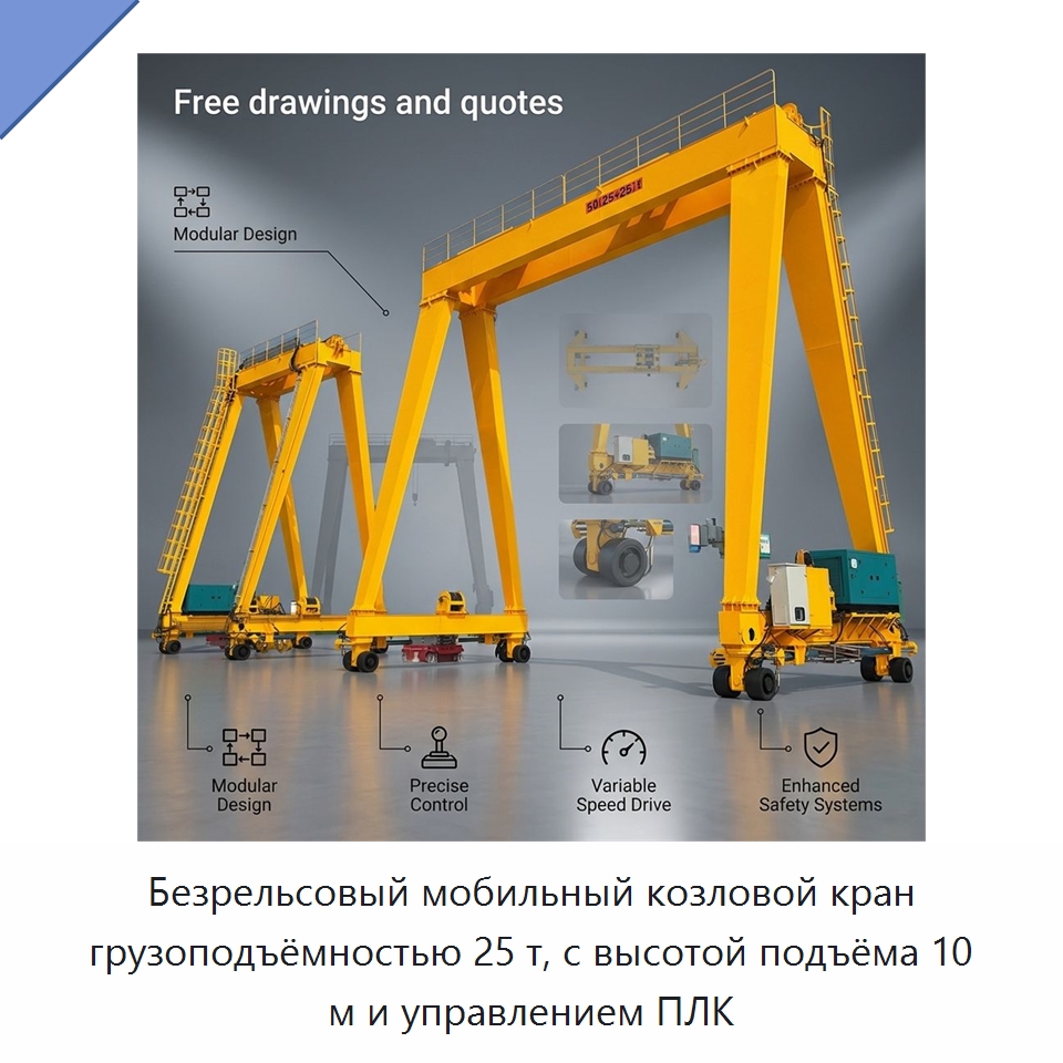 Безрельсовый мобильный козловой кран грузоподъёмностью 25 т, с высотой подъёма 10 м и управлением ПЛК — Краны