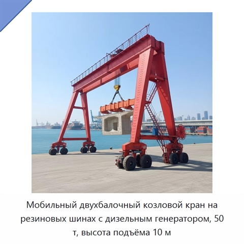 Мобильный двухбалочный козловой кран на резиновых шинах с дизельным генератором, 50 т, высота подъёма 10 м