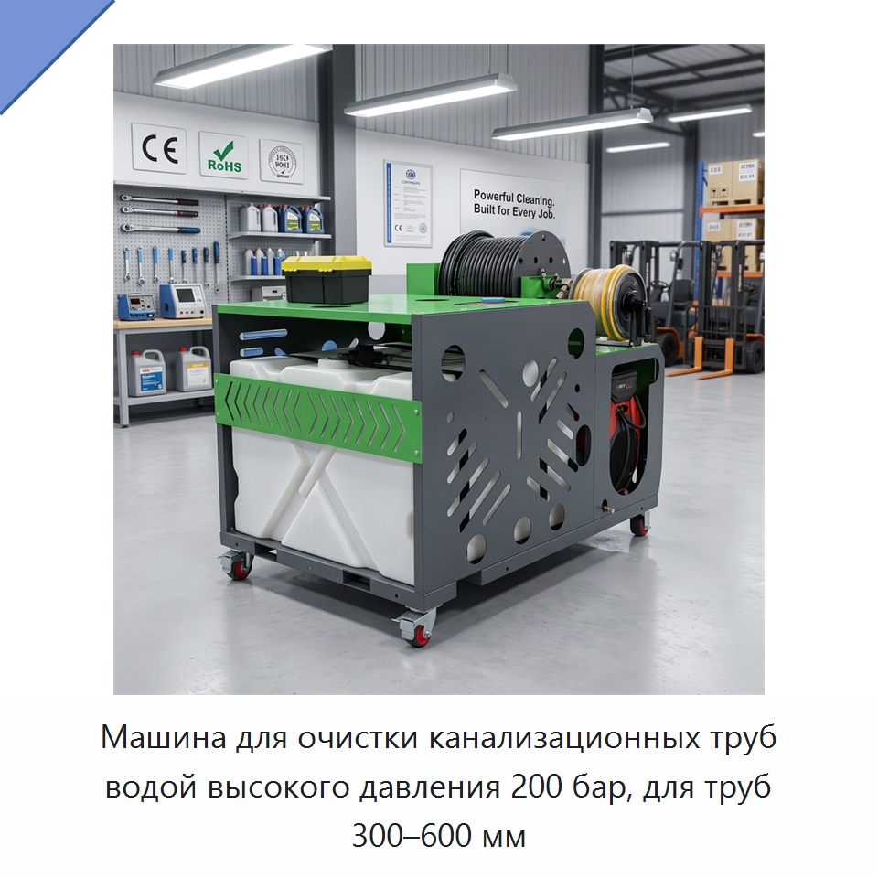 Машина для очистки канализационных труб водой высокого давления 200 бар, для труб 300–600 мм — Аппараты высокого давления