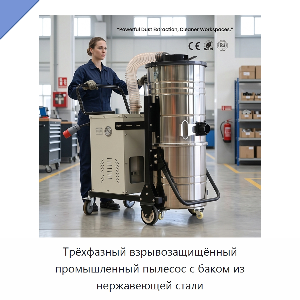 Трёхфазный взрывозащищённый промышленный пылесос с баком из нержавеющей стали — Пылесосы