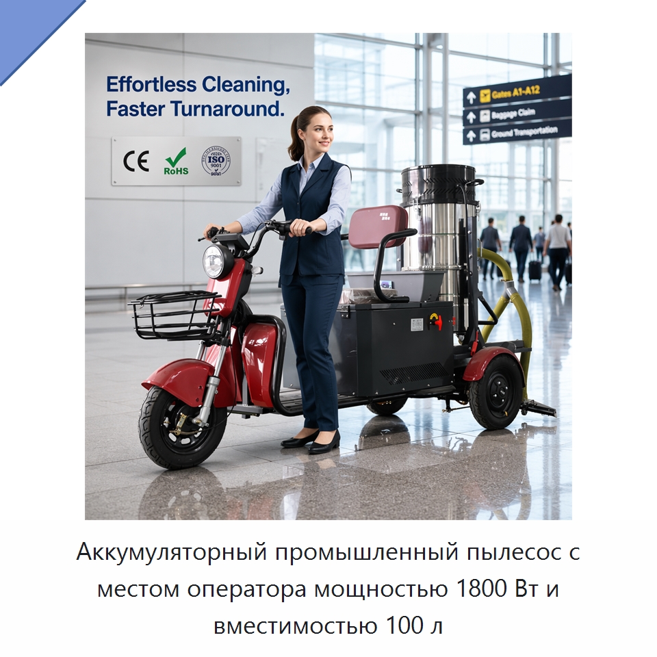 Аккумуляторный промышленный пылесос с местом оператора мощностью 1800 Вт и вместимостью 100 л — Пылесосы