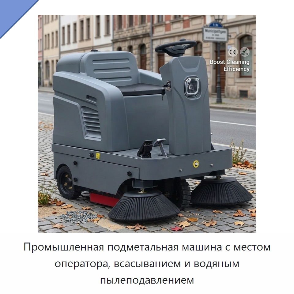 Промышленная подметальная машина с местом оператора, всасыванием и водяным пылеподавлением — Подметальные машины