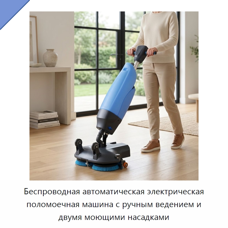 Беспроводная автоматическая электрическая поломоечная машина с ручным ведением и двумя моющими насадками