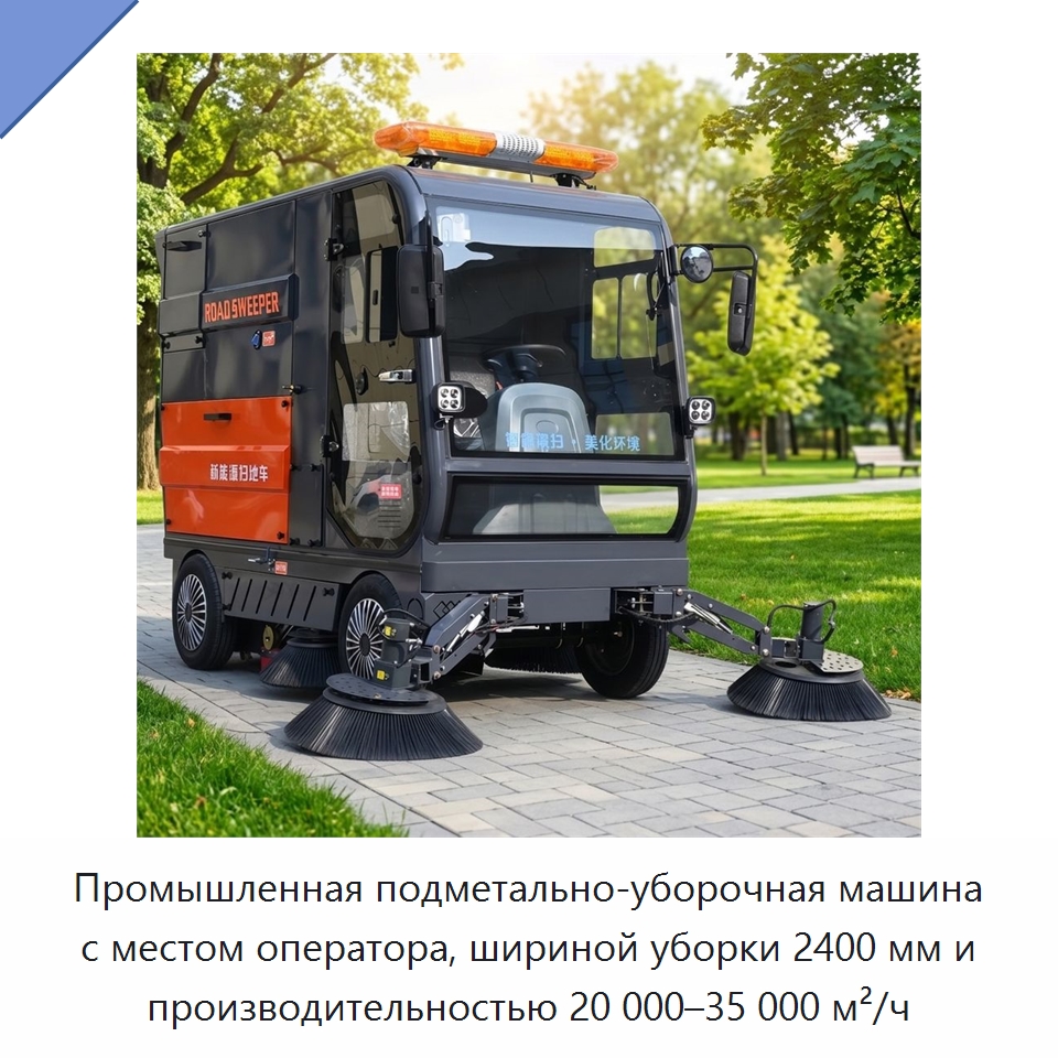 Промышленная подметально-уборочная машина с местом оператора, шириной уборки 2400 мм и производительностью 20 000–35 000 м²/ч — Подметальные машины