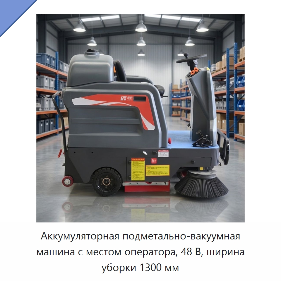 Аккумуляторная подметально-вакуумная машина с местом оператора, 48 В, ширина уборки 1300 мм — Подметальные машины