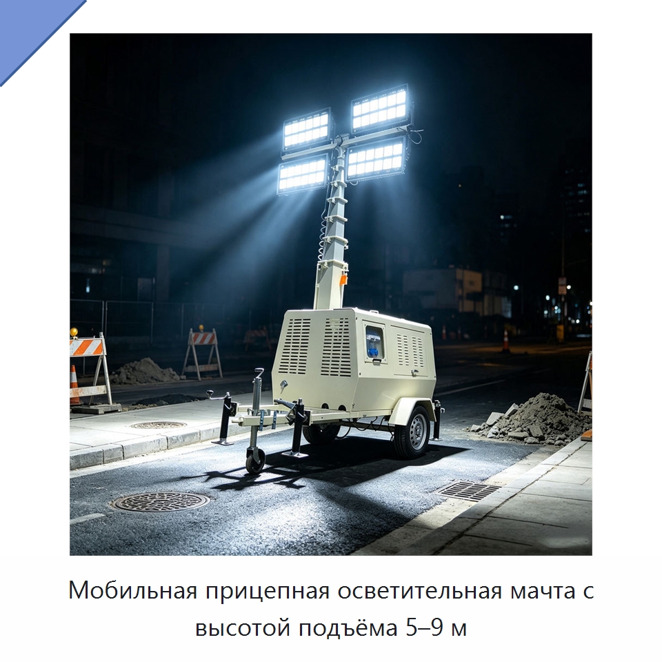 Мобильная прицепная осветительная мачта с высотой подъёма 5–9 м — Осветительные мачты