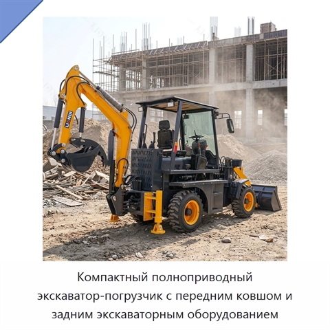 Компактный полноприводный экскаватор-погрузчик с передним ковшом и задним экскаваторным оборудованием