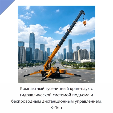 Компактный гусеничный кран-паук с гидравлической системой подъема и беспроводным дистанционным управлением, 3–16 т