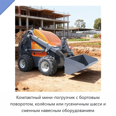 Компактный мини-погрузчик с бортовым поворотом, колёсным или гусеничным шасси и сменным навесным оборудованием