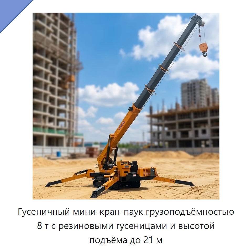 Гусеничный мини-кран-паук грузоподъёмностью 8 т с резиновыми гусеницами и высотой подъёма до 21 м — Краны
