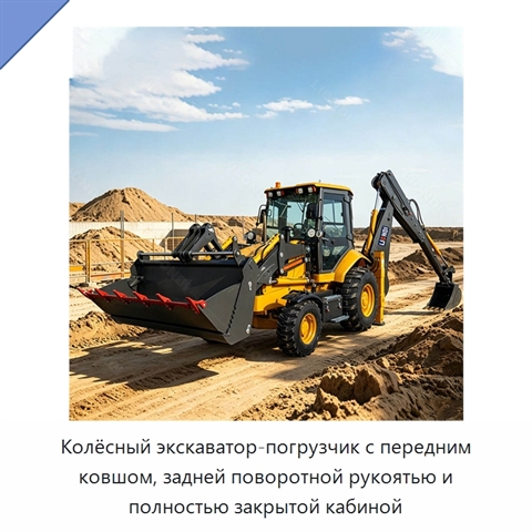 Колёсный экскаватор-погрузчик с передним ковшом, задней поворотной рукоятью и полностью закрытой кабиной