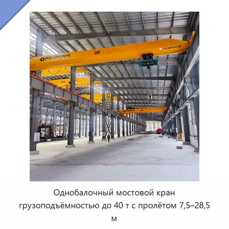 Однобалочный мостовой кран грузоподъёмностью до 40 т с пролётом 7,5–28,5 м — Краны