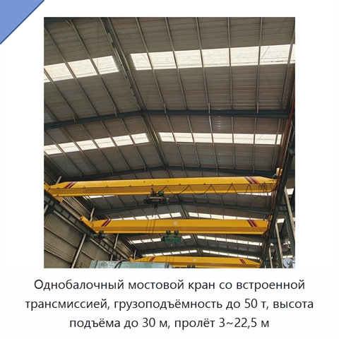 Однобалочный мостовой кран со встроенной трансмиссией, грузоподъёмность до 50 т, высота подъёма до 30 м, пролёт 3~22,5 м