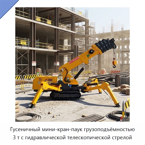 Гусеничный мини-кран-паук грузоподъёмностью 3 т с гидравлической телескопической стрелой