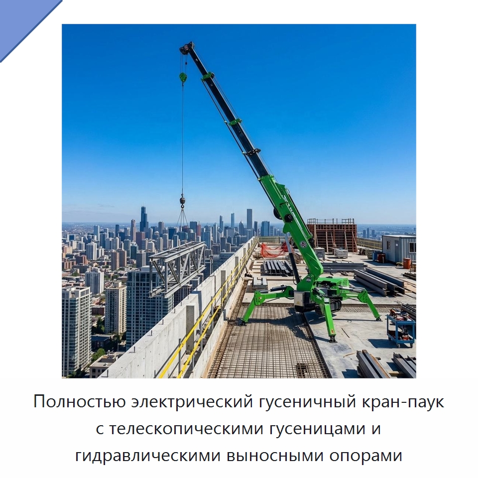 Полностью электрический гусеничный кран-паук с телескопическими гусеницами и гидравлическими выносными опорами — Краны