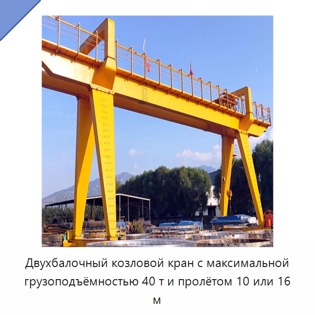 Двухбалочный козловой кран с максимальной грузоподъёмностью 40 т и пролётом 10 или 16 м — Краны
